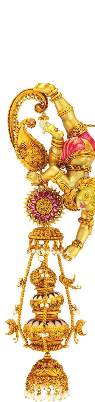 Gold jewellery with enamelled figurine and pearl drops